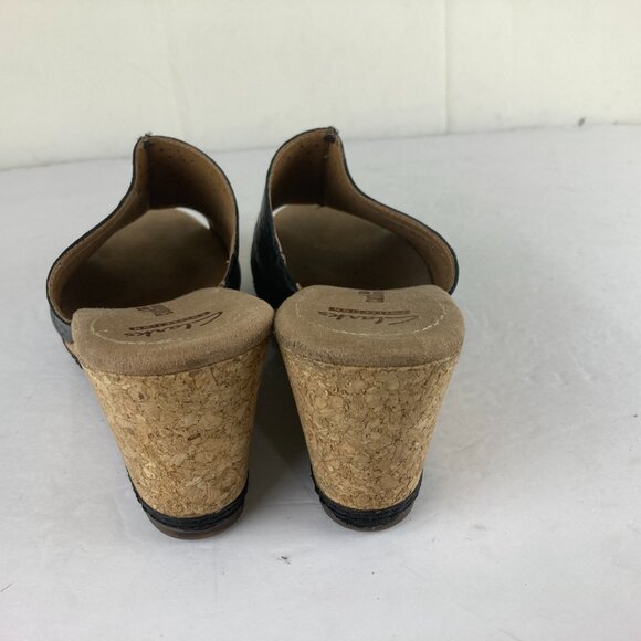 Clarks Collection Womens sz 10 Black Leather Wedge Heel Slip On Comfort Sandals - Picture 6 of 7